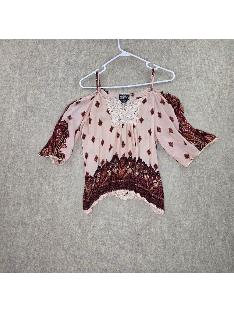 Angie Women's Bohemian Off-Shoulder Beige & Red Blouse M Rayon Lace Detail